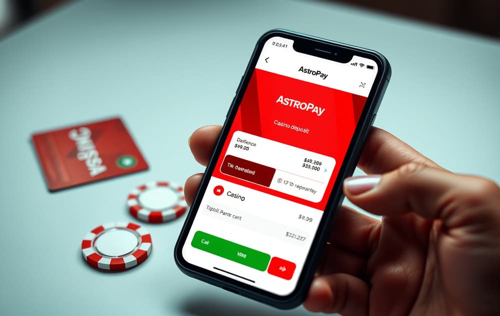 Smarttelefon med AstroPay-appen og casino-innskuddsskjerm i bakgrunnen