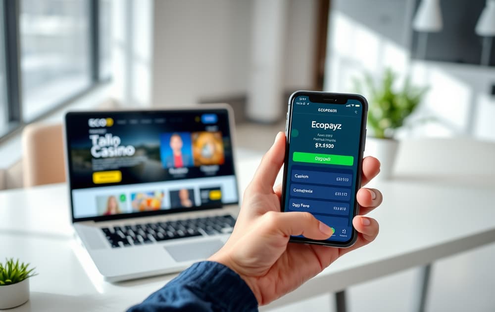 Person med mobil som viser Ecopayz-appen for casino-innskudd