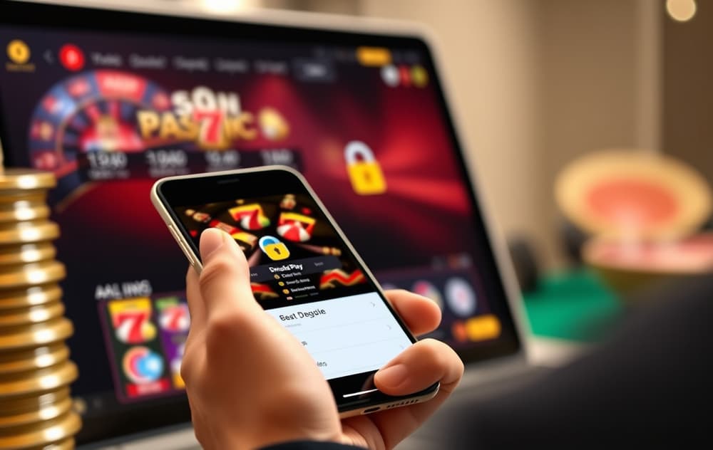 Person som bruker Google Pay på mobil for casinoinnskudd