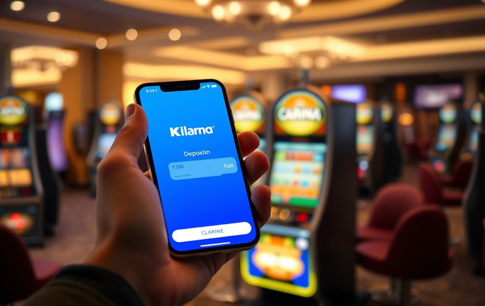 Person som setter inn penger på casino med Klarna-appen på mobilen.