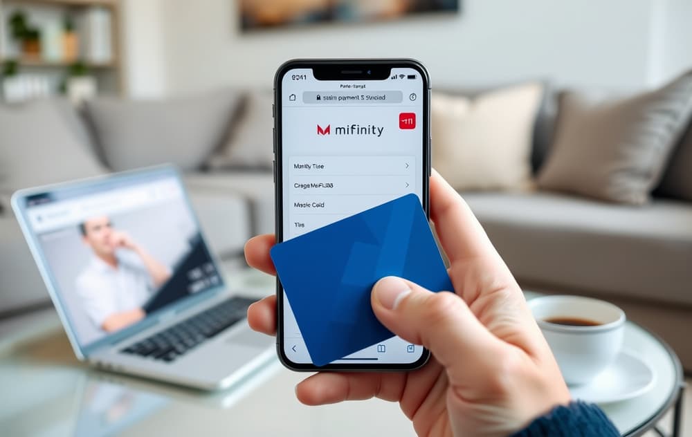 Smarttelefon med MiFinity-betalingsgrensesnitt på et casino, med et kredittkort ved siden av