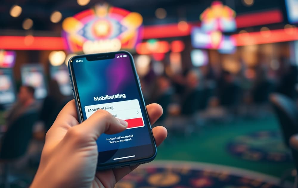 En hånd som holder en smarttelefon med casinoets kasse åpen og mobilbetaling valgt.