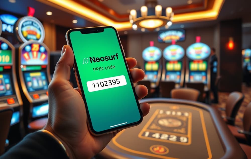 Person med mobil som viser Neosurf-PIN foran et casino