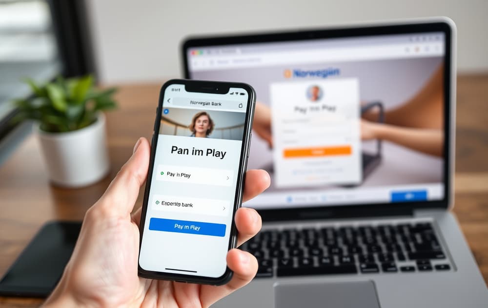 Smarttelefon med Pay n Play-valg i casino-kassen, med norsk banklogin i bakgrunnen.