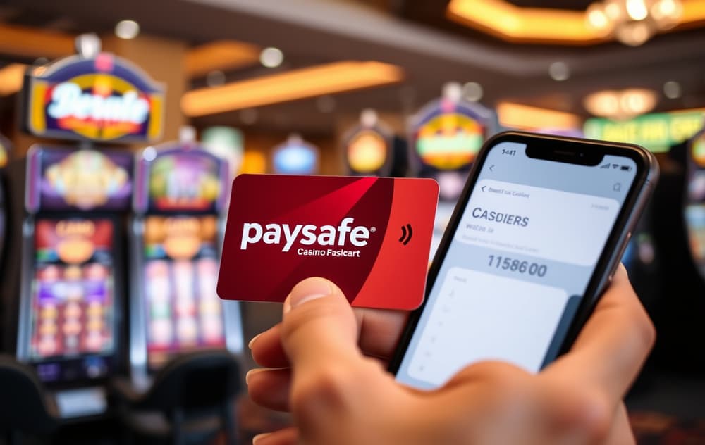 En hånd som holder et fysisk Paysafecard med PIN-kode, ved siden av en mobiltelefon som viser en casino-kasse.