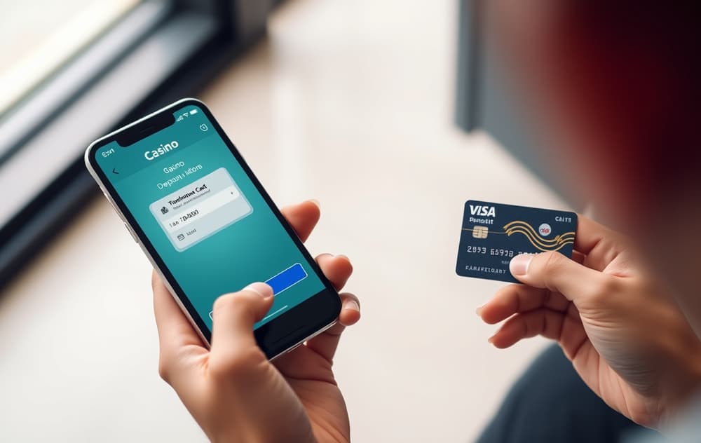 En hånd som holder en mobiltelefon med en casino-app og et Visa-kort ved siden av