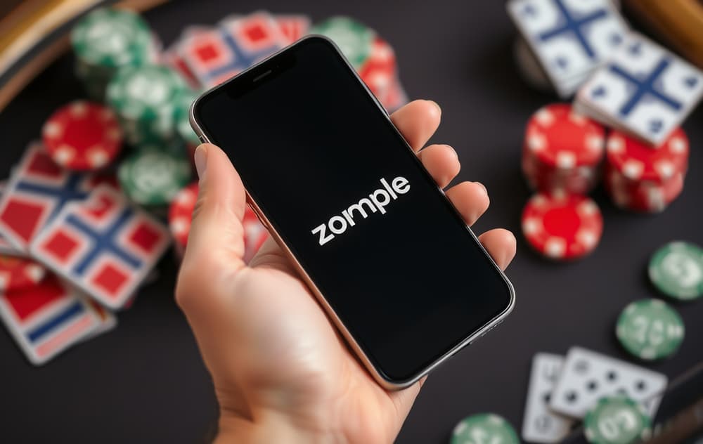 Person med mobiltelefon som viser Zimpler-betaling på et casino.