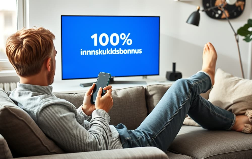 Person med mobiltelefon som viser innskuddsbonus på skjermen