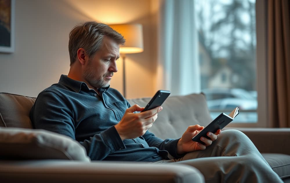 Person som leser omsetningskrav for casino på mobiltelefon i stuen, med ansvarlig spilling-symbol synlig.