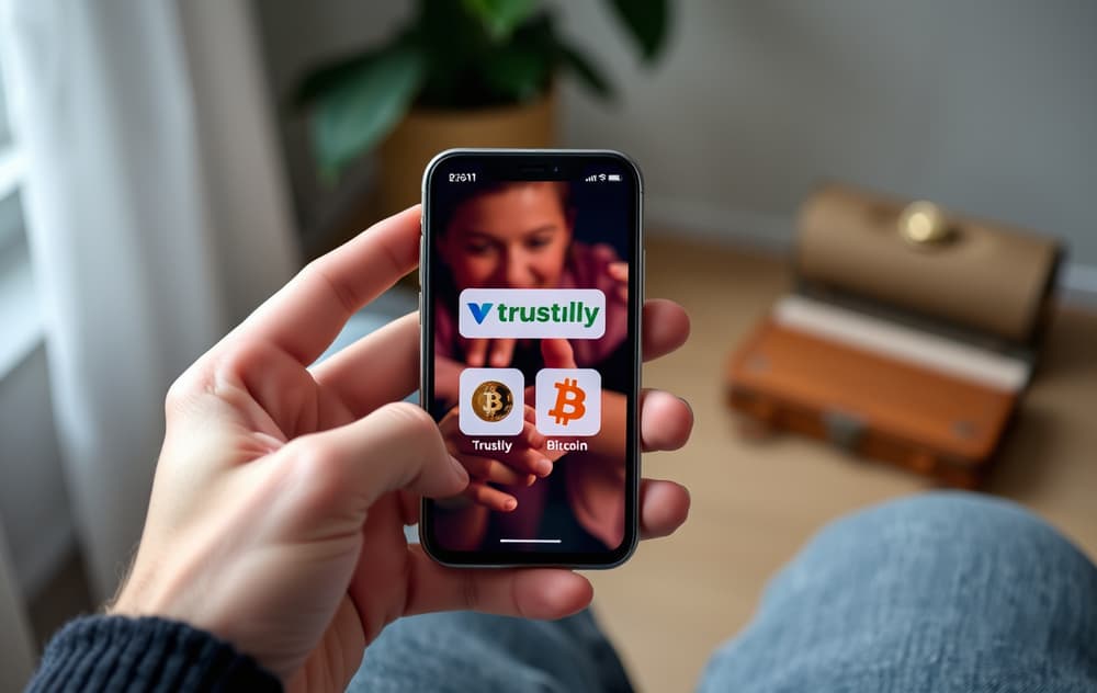 Mobiltelefon med betalingsikoner for casino – Visa, Trustly, Bitcoin og lommebok