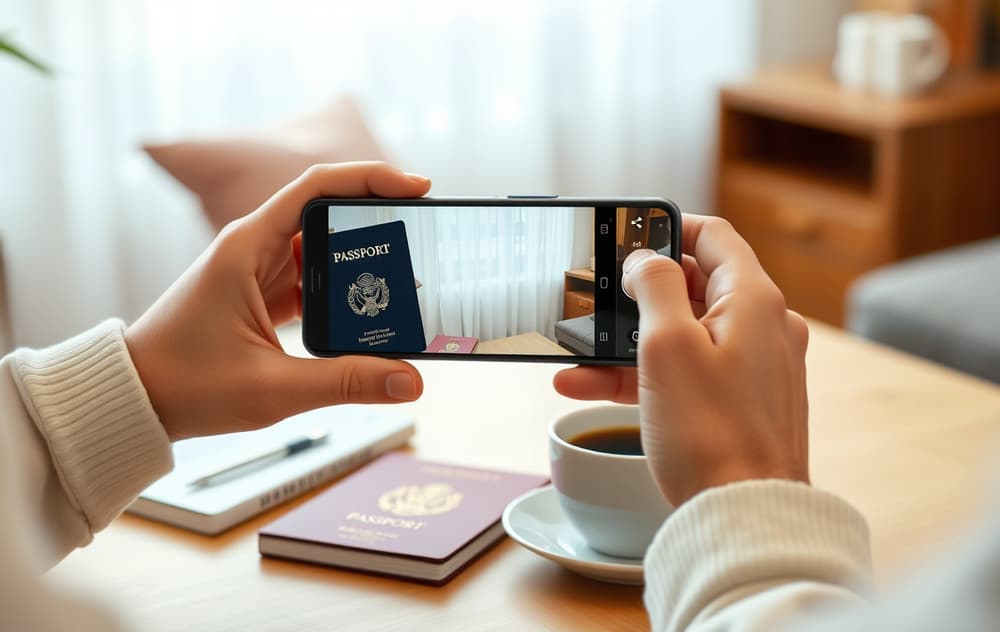 En person tar bilde av pass for casino-verifisering på mobilen.