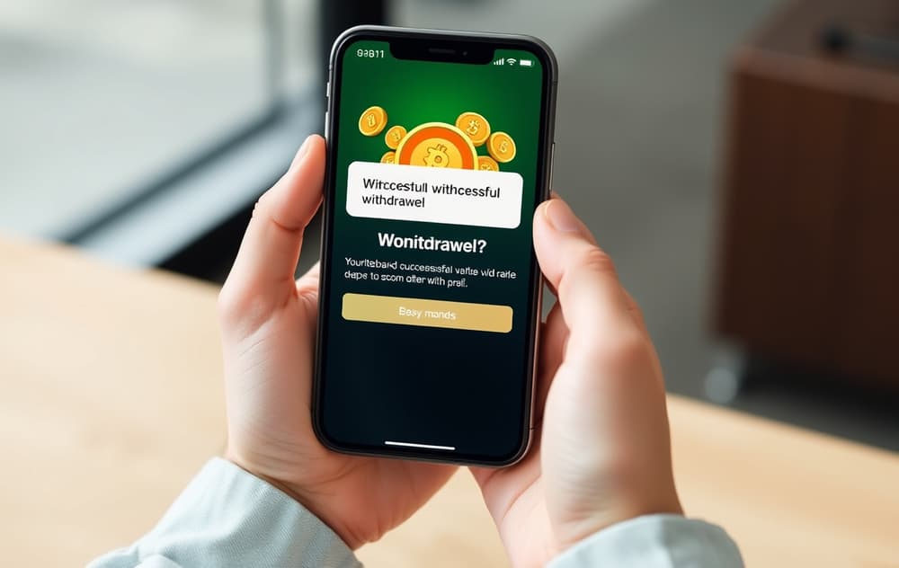 Person som mottar bekreftelse på casino-uttak på mobiltelefon.