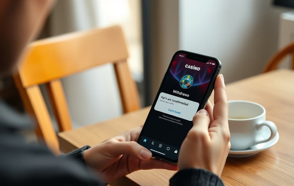 Person som holder en mobiltelefon med en casino-app som viser utbetalingsbekreftelse, sitter ved et bord med kaffekopp