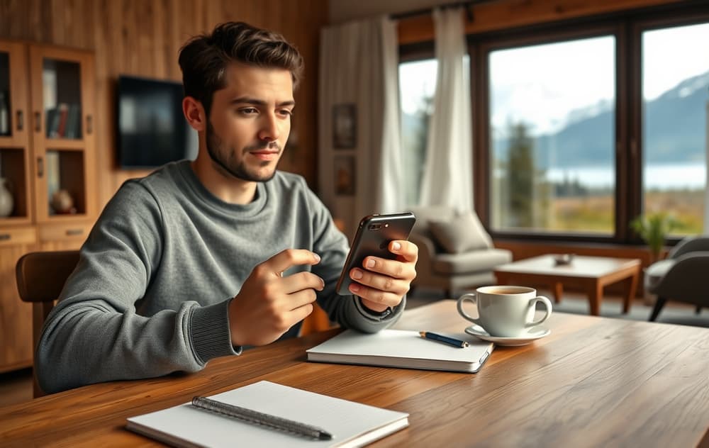 Person med mobiltelefon med casino-app, kaffekopp og notatblokk på bordet, koselig stue med norsk natur utenfor vinduet.