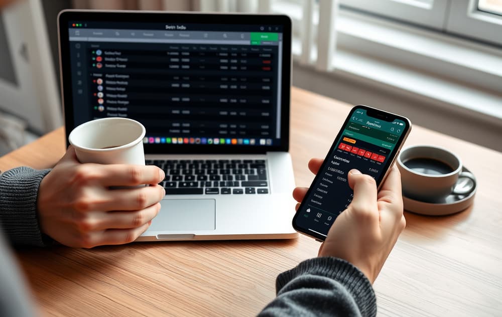Person som sammenligner odds på laptop og mobil