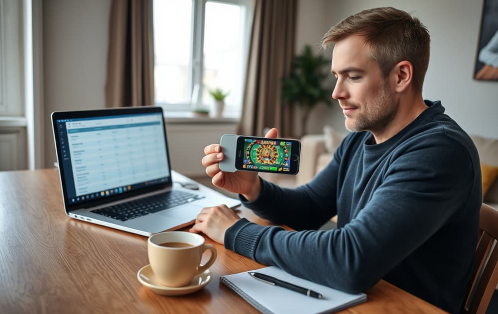 En person sammenligner casinoer på mobil og laptop i et norsk hjem