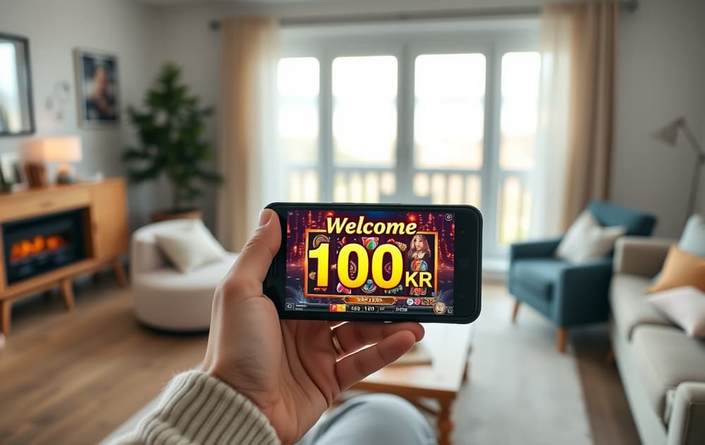 Person med mobiltelefon som viser en gratis casino-bonus på 100 kr i en norsk stue