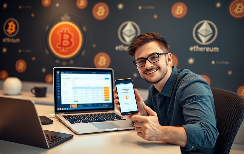 Person med laptop og kryptolommebok, sammenligner kryptocasinoer på et moderne kontor.
