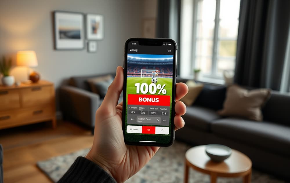 Person med mobiltelefon som viser en bettingside med oddsbonus-tilbud