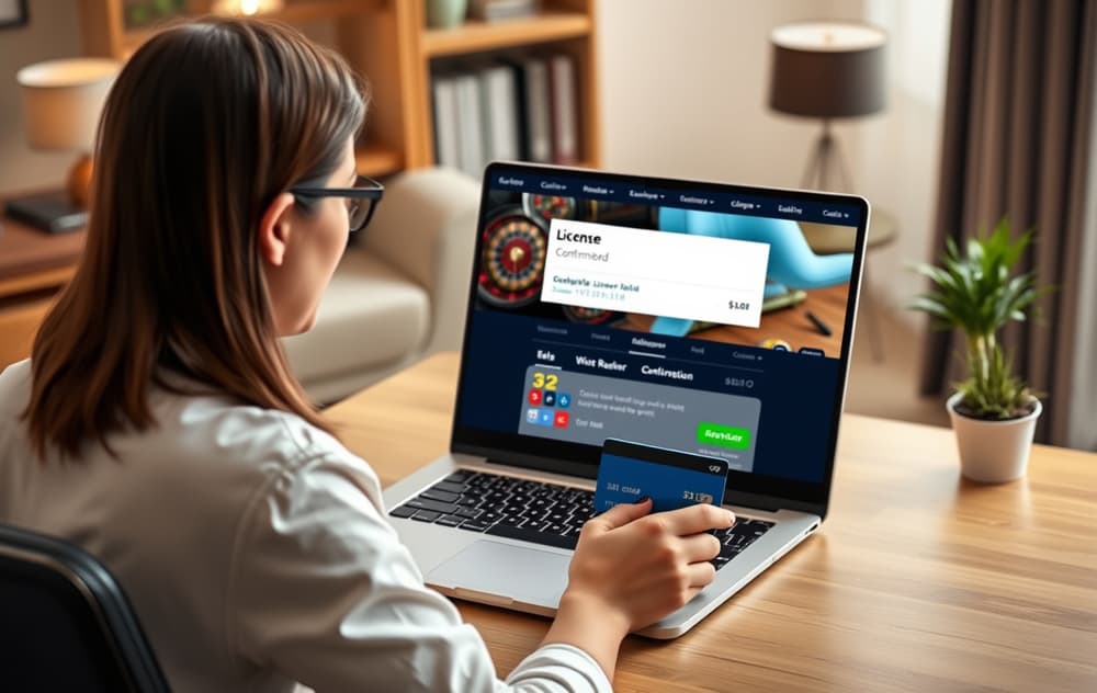 En person sitter ved en PC og undersøker et utenlandsk casino – lisensinformasjon og uttaksbekreftelse er synlig på skjermen.