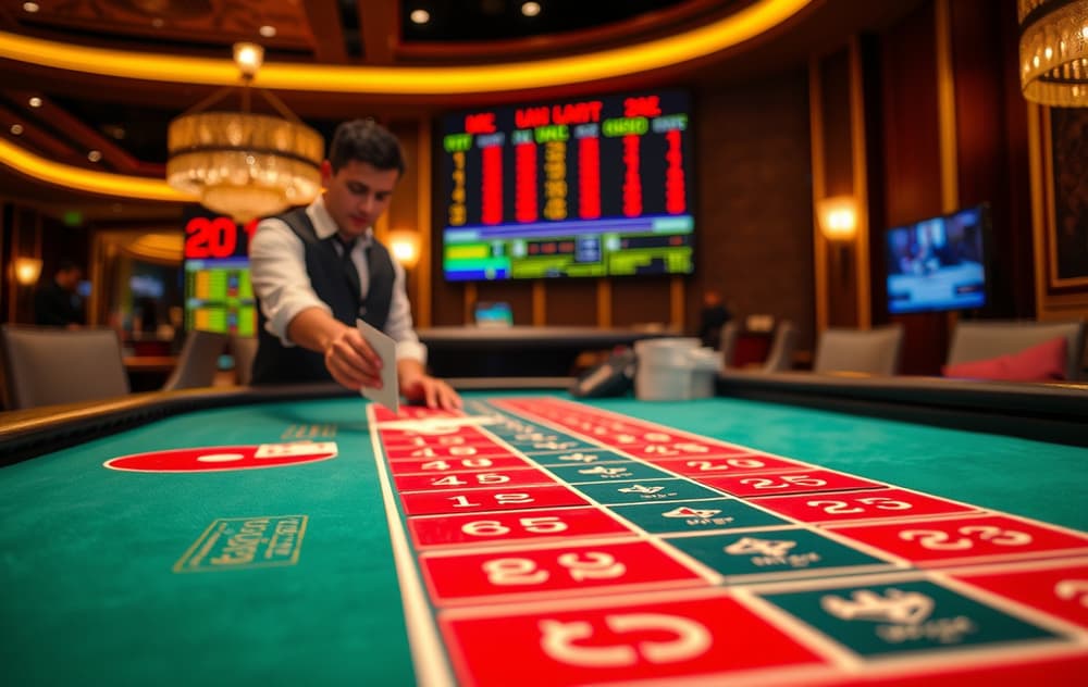Live baccarat bord med dealer og kort, casinobelysning
