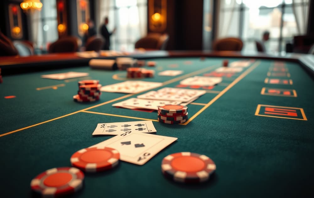 Nærbilde av blackjack-bord med kort og sjetonger, kasinoatmosfære.