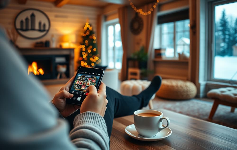 En person sitter i en stue og spiller casinospill på mobilen, med en kaffekopp ved siden av