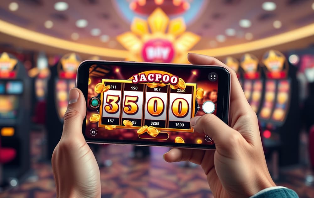 Person med mobiltelefon som viser jackpot-skjerm på spilleautomat med gullmynter og stort gevinstdel.