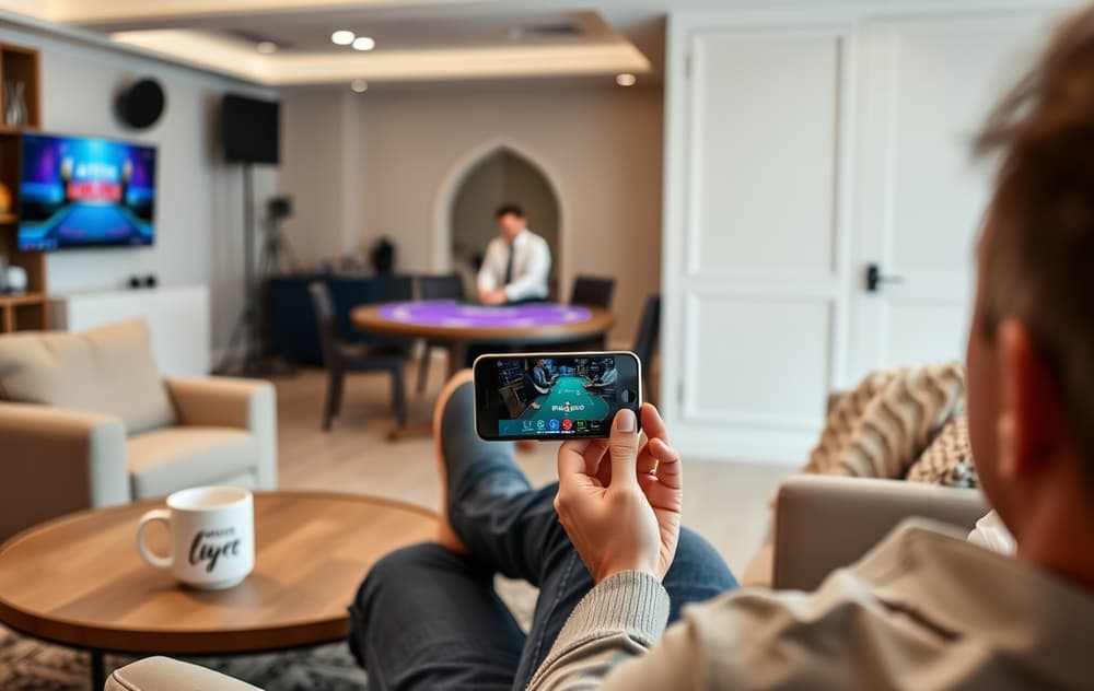En person i sofaen som spiller live blackjack på mobilen, med en ekte dealer på skjermen