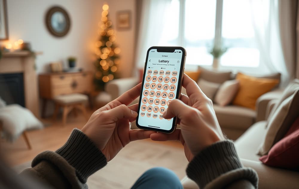 En person som holder en mobiltelefon med en lotto-app åpen, med en kupong med tall, i en stue.