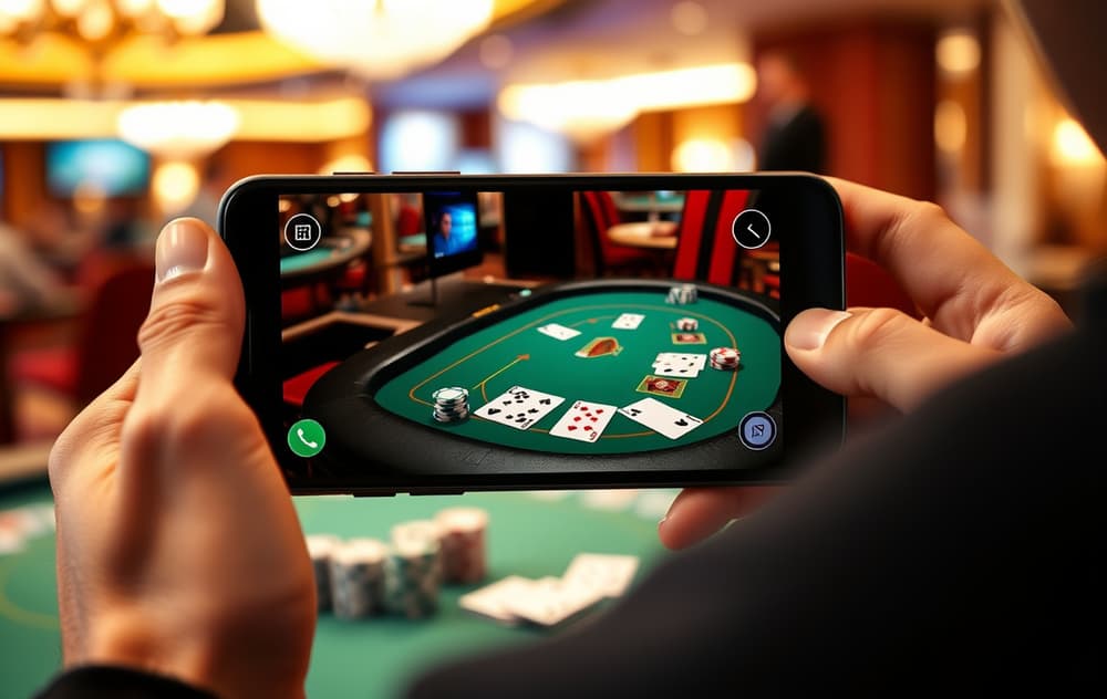 En person som spiller poker på mobilen med live dealer, pokerbord og sjetonger synlig